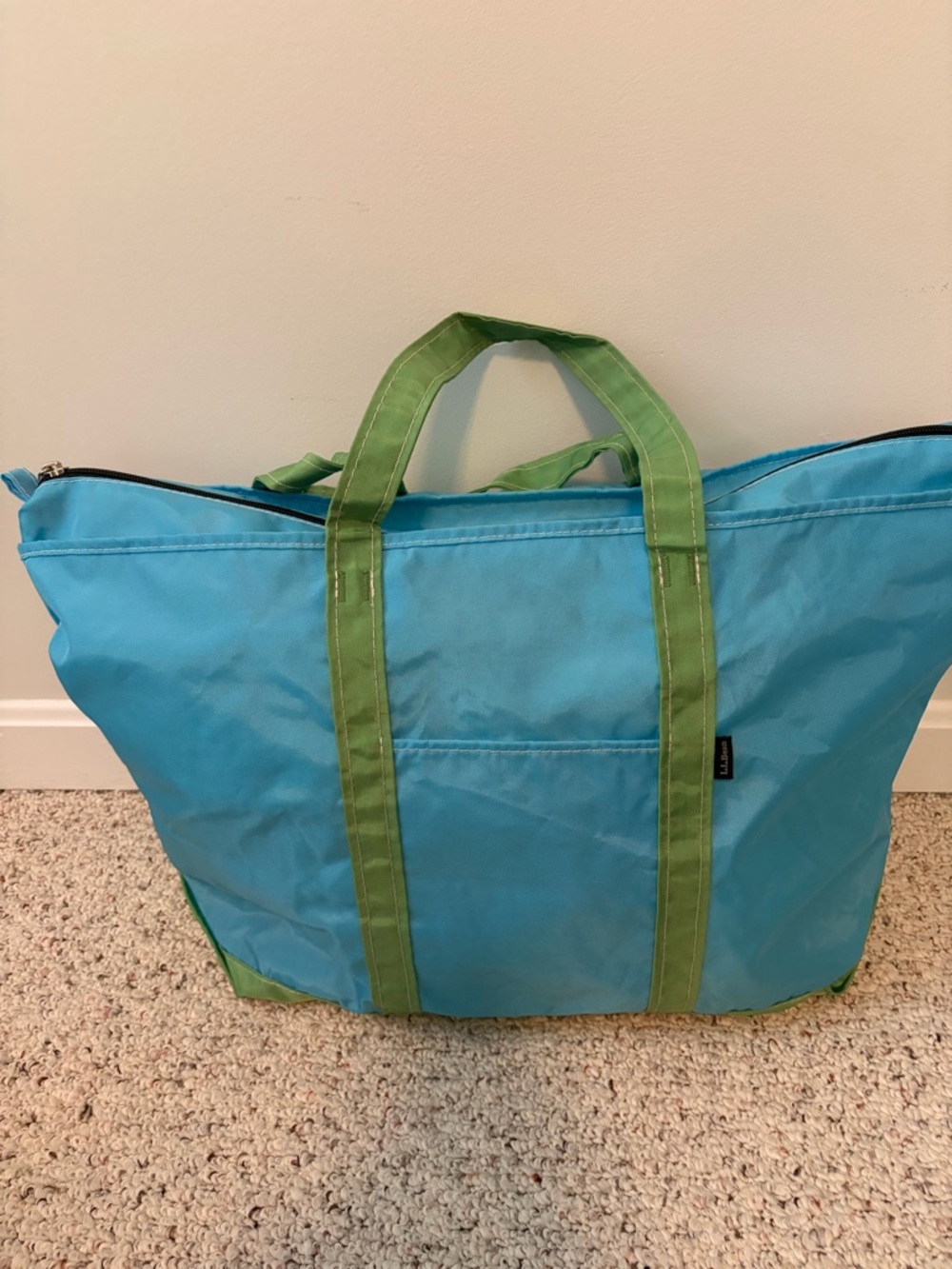 LL Bean nylon Boat ToteTurquoise Tote Bag with Lime Green Handles
